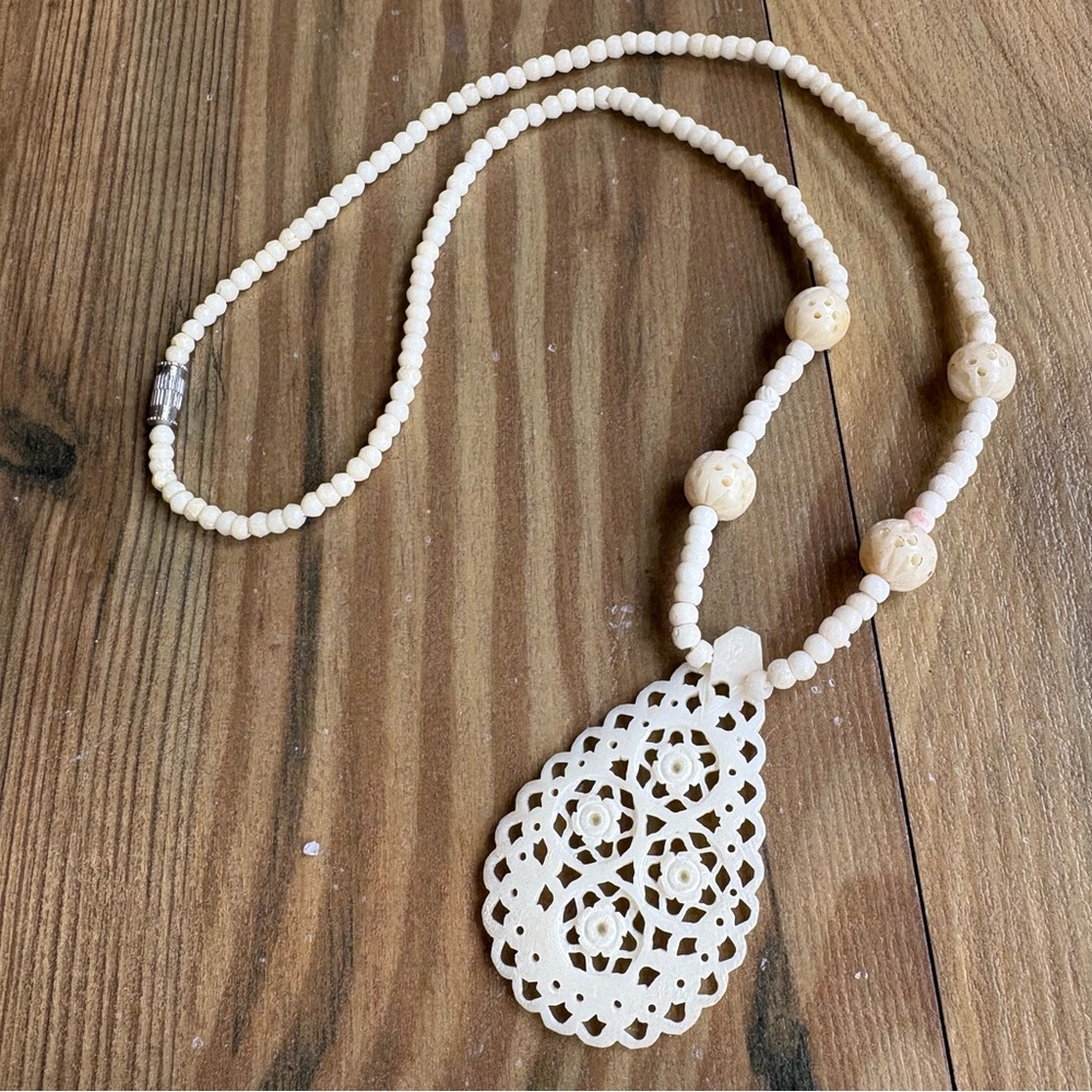 Vintage Carved Bone Beaded Necklace with Pendant